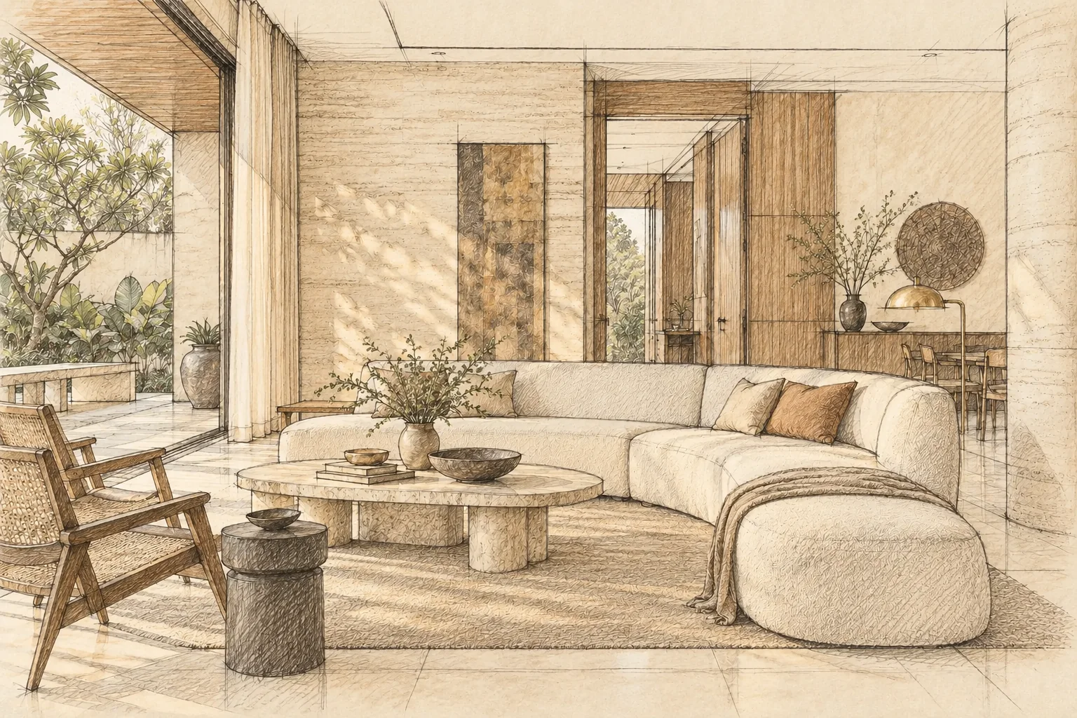 Concept sketch of the same living room
